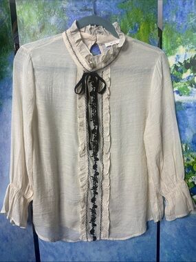 MINE Cream Black Embroidered Ruffle Tie Neck Blouse Size Medium